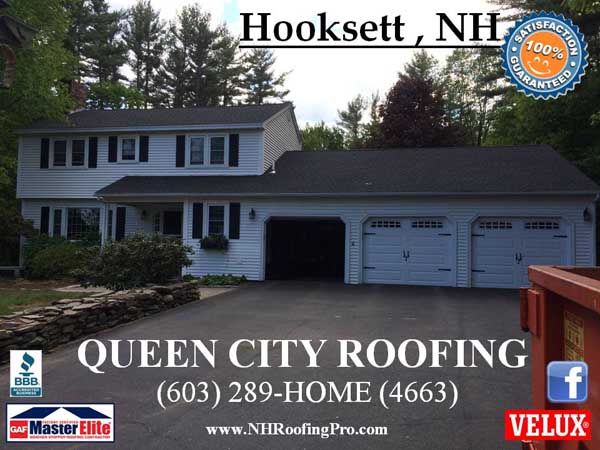 White house three-car garage Queen City Roofing Hooksett, NH