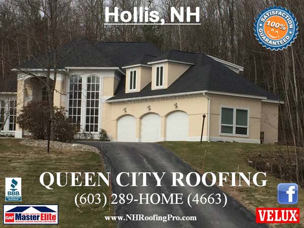 Large cream house black shingle roof Hollis, NH