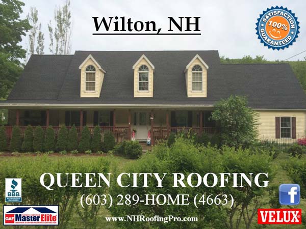 Cream colored home with three gables in Wilton, NH