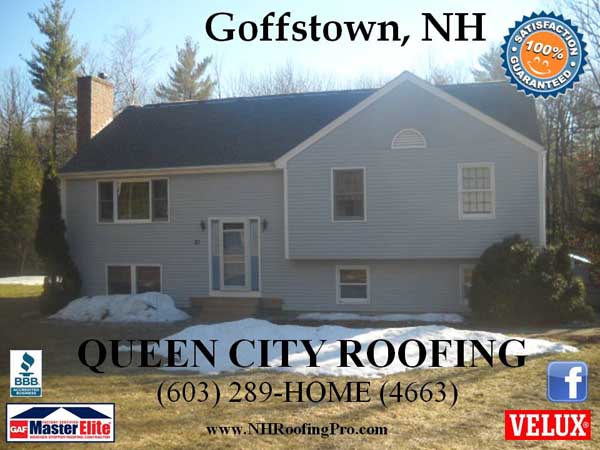 Light blue house with black shingles in Goffstown, NH