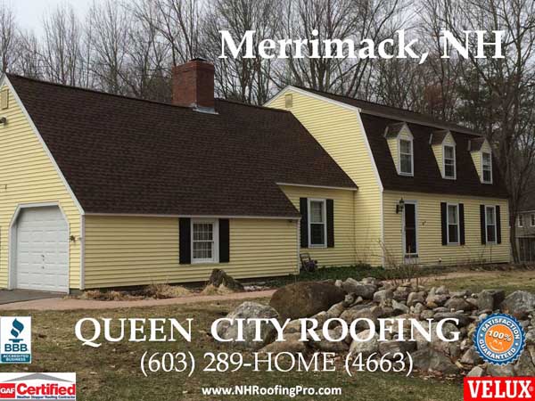 Yellow house dark brown roof Queen City roofer Merrimack, NH