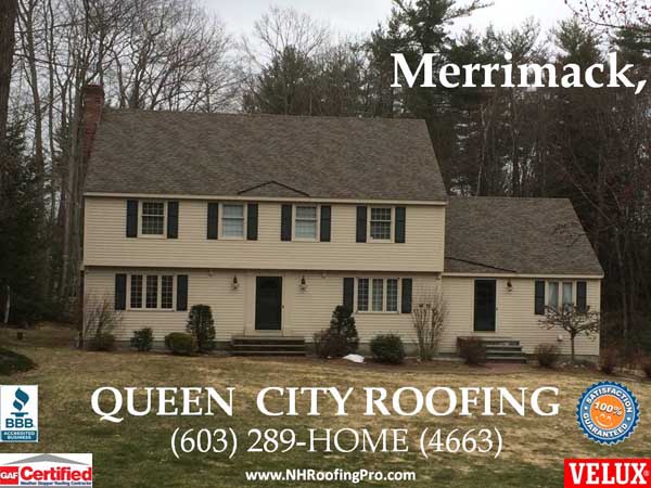 Beige house black shutters brown roof Queen City Roofing Merrimack